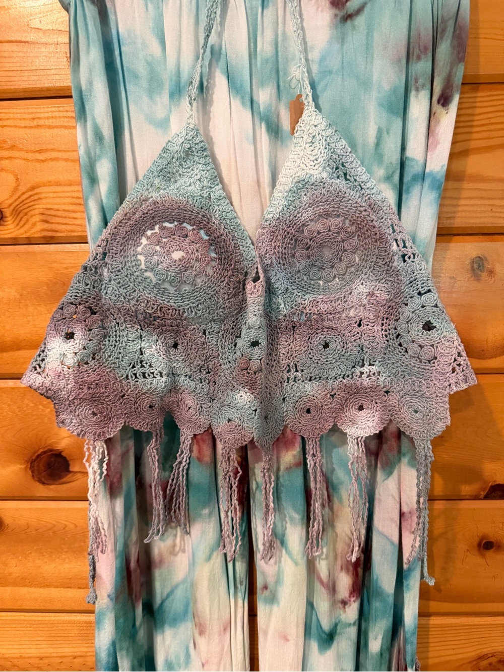 Boho Ice dyed rayon pants with Crochet Bodice - Teal & Mauve